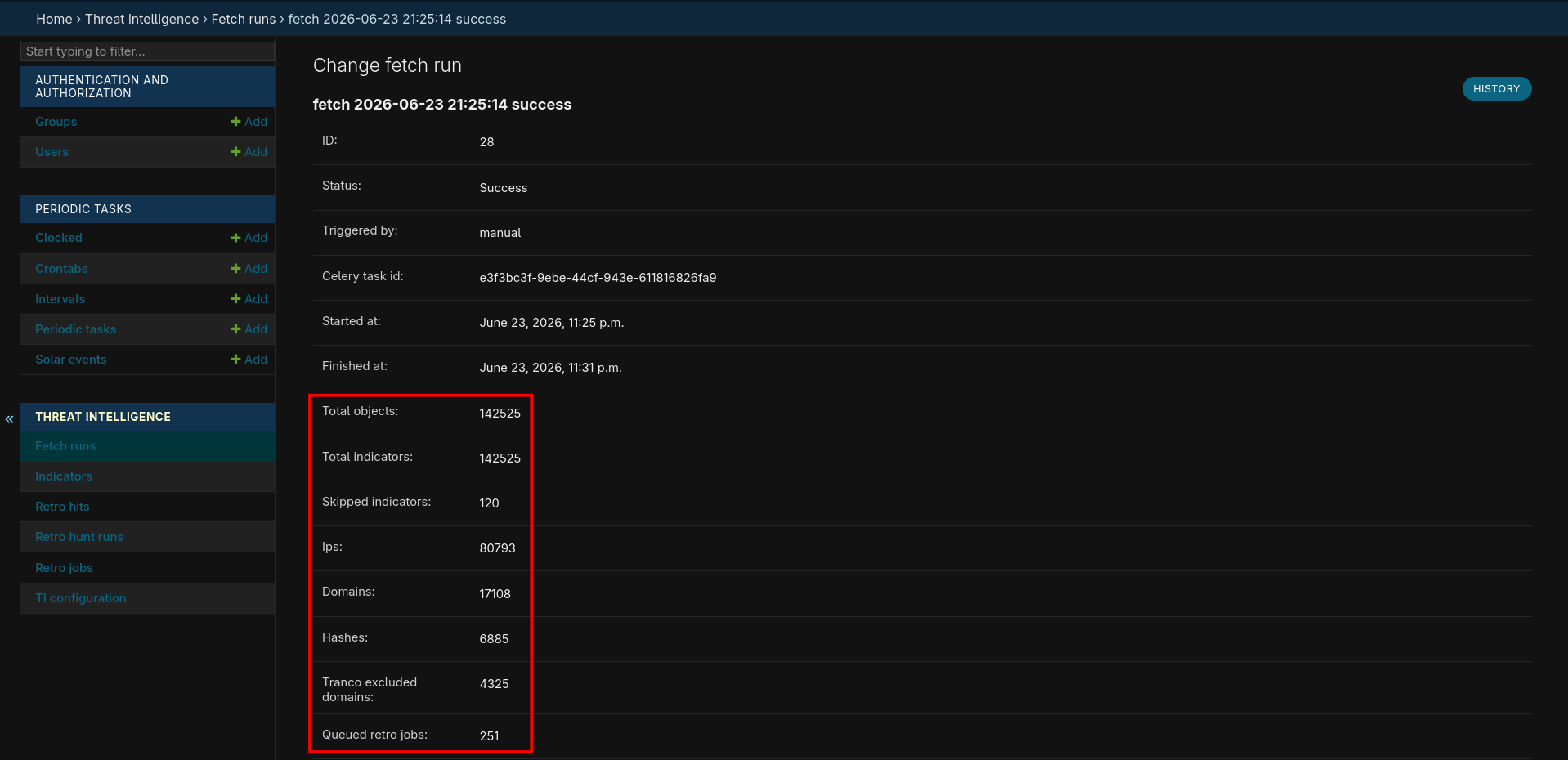 Django admin: FetchRun detail with per-run counters and structured log output