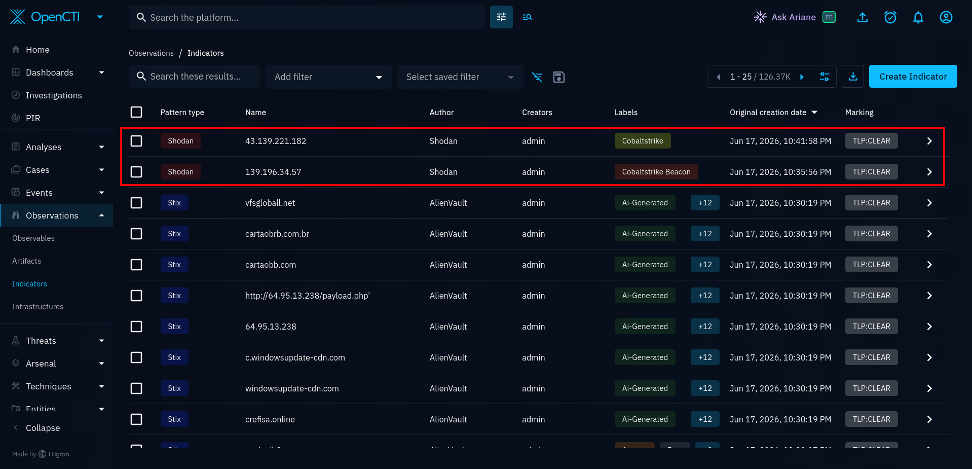 Both IOCs added to OpenCTI as Shodan indicators